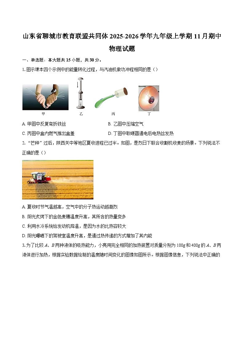 山东省聊城市教育联盟共同体2025-2026学年九年级上学期11月期中物理试题-自定义类型第1页