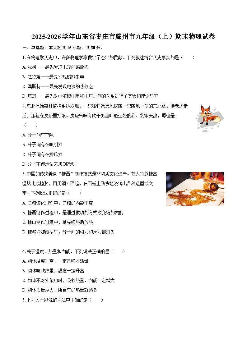2025-2026学年山东省枣庄市滕州市九年级（上）期末物理试卷-自定义类型第1页