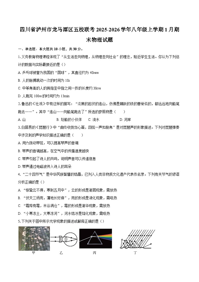 四川省泸州市龙马潭区五校联考2025-2026学年八年级上学期1月期末物理试题-自定义类型第1页