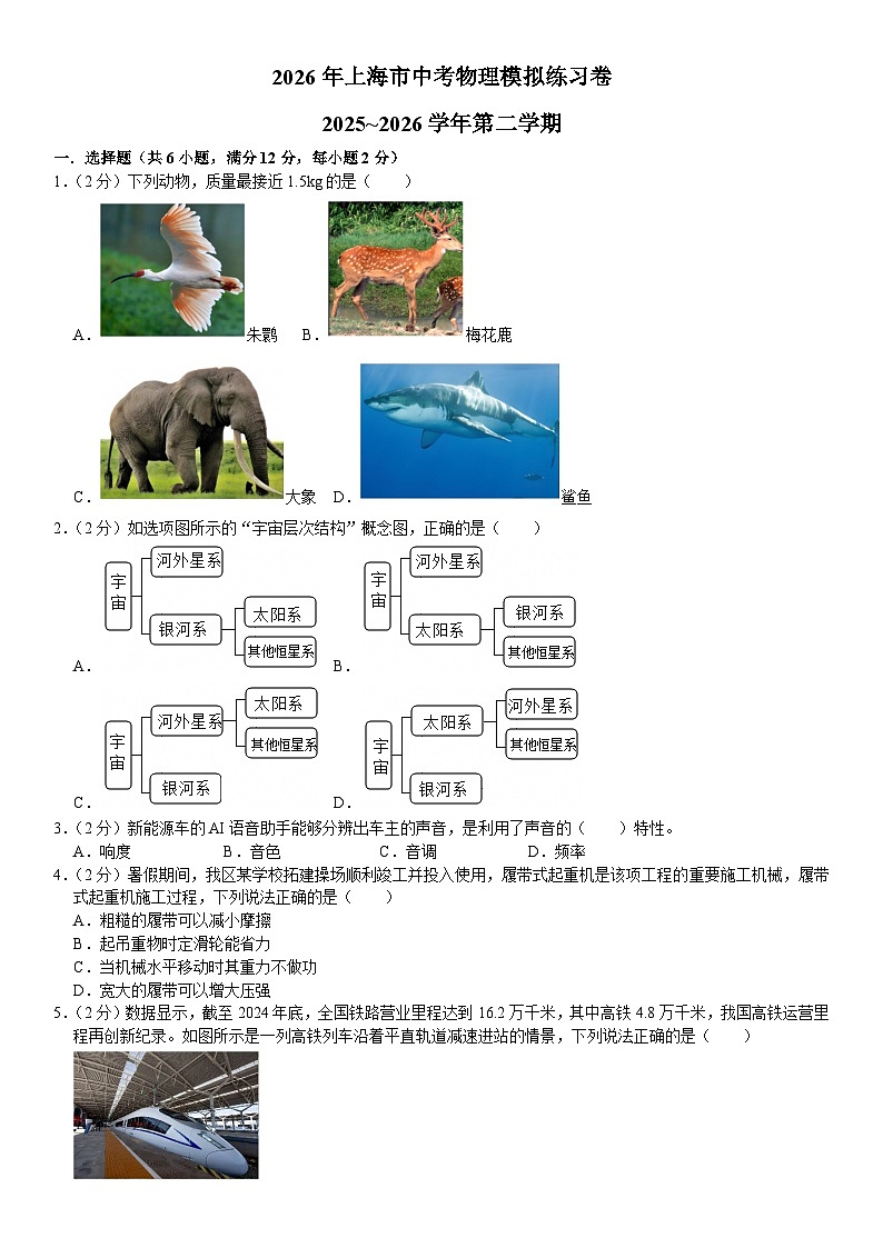 2026年上海市中考模拟物理练习卷含答案第1页
