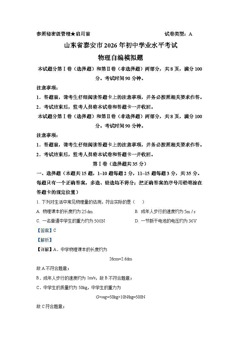 2026届山东省泰安市中考物理自编模拟卷-解析版第1页