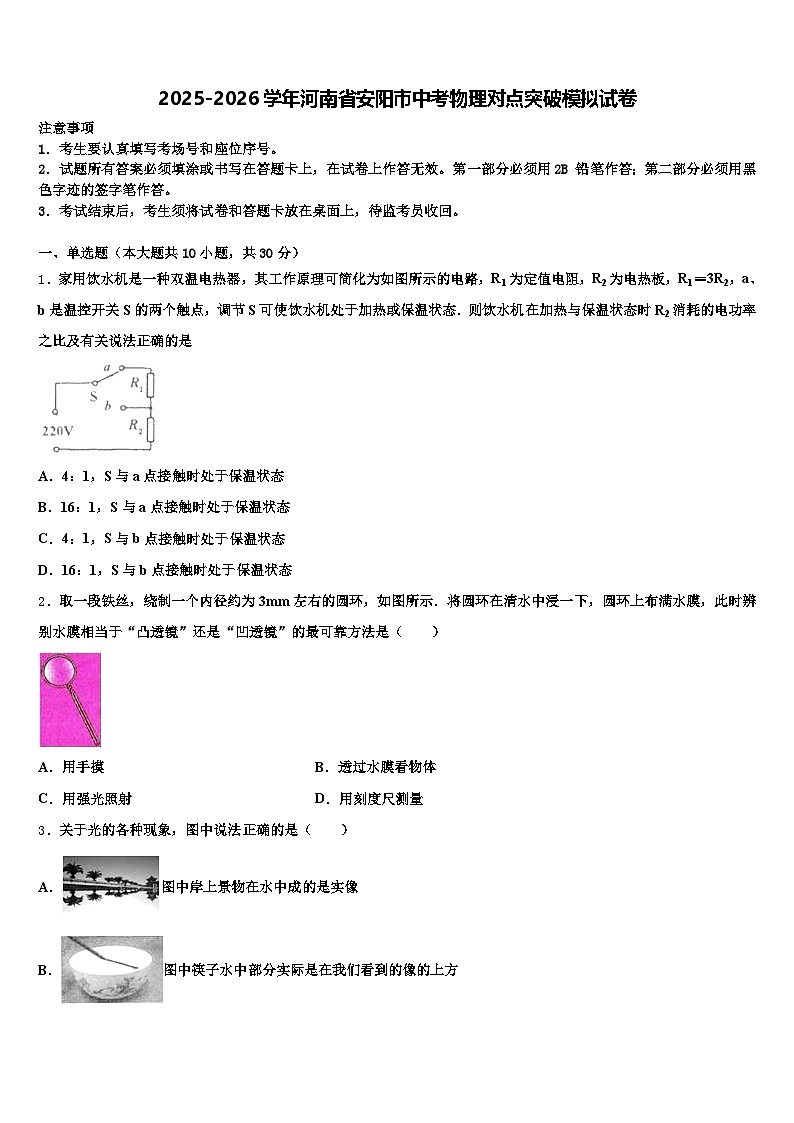 2025-2026学年河南省安阳市中考物理对点突破模拟试卷（含答案解析）第1页