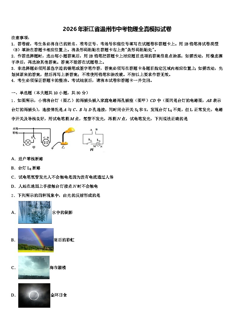 2026年浙江省温州市中考物理全真模拟试卷（含答案解析）第1页
