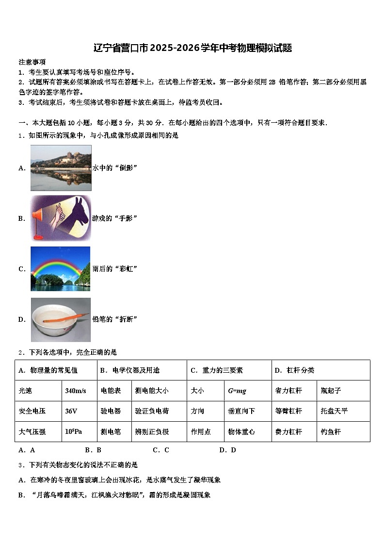 辽宁省营口市2025-2026学年中考物理模拟试题（含答案解析）第1页