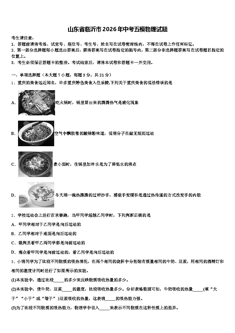 山东省临沂市2026年中考五模物理试题（含答案解析）第1页