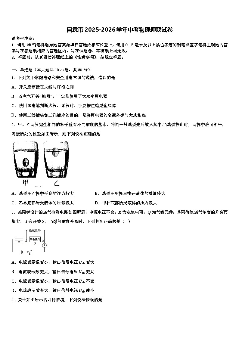 自贡市2025-2026学年中考物理押题试卷（含答案解析）第1页