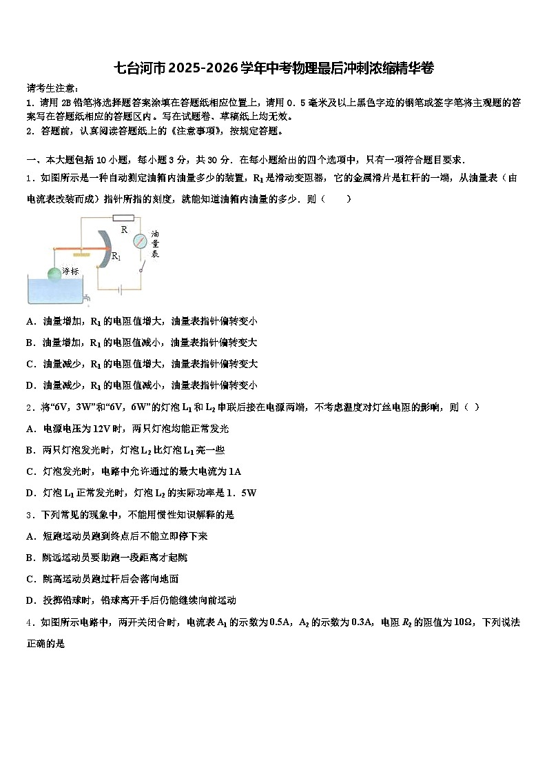七台河市2025-2026学年中考物理最后冲刺浓缩精华卷（含答案解析）第1页