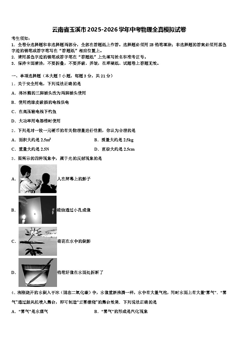 云南省玉溪市2025-2026学年中考物理全真模拟试卷（含答案解析）第1页