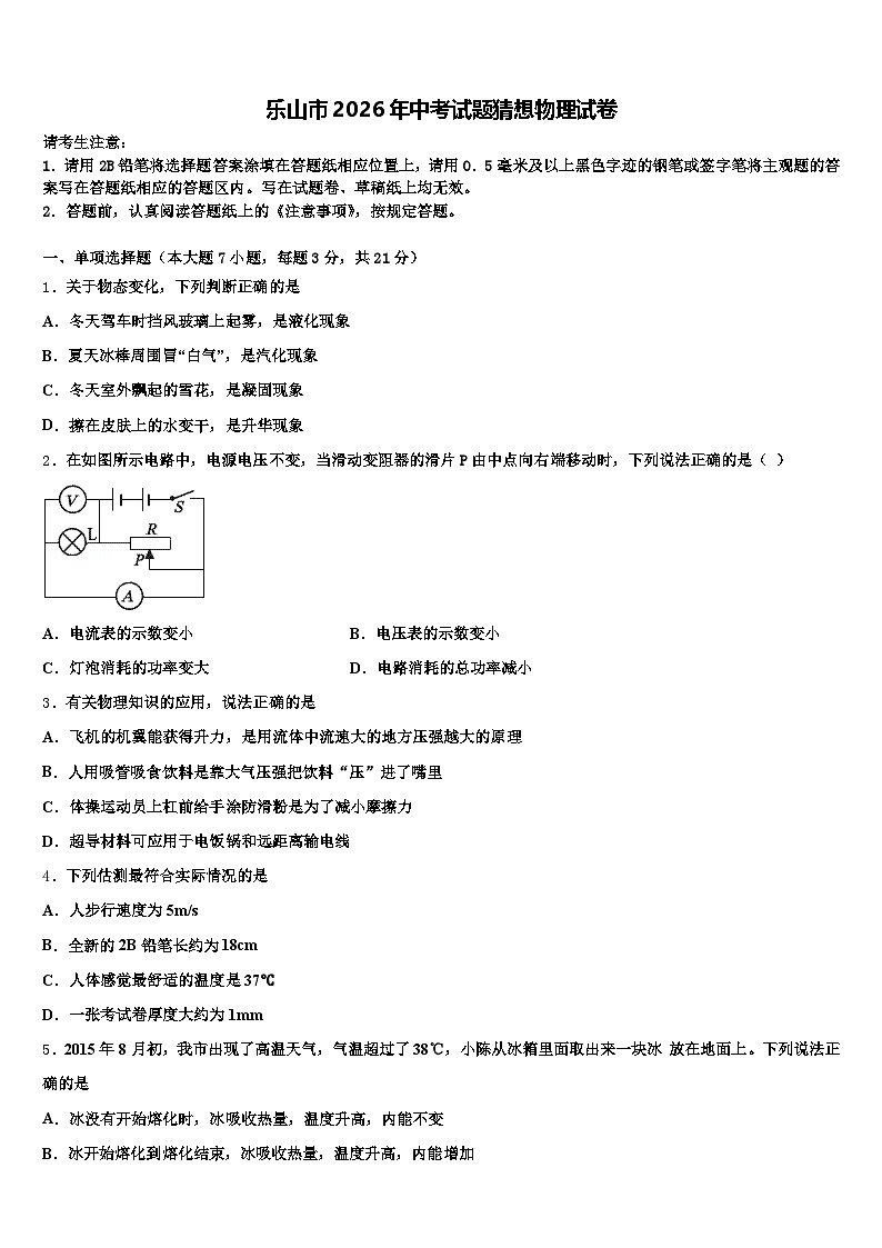 乐山市2026年中考试题猜想物理试卷（含答案解析）第1页