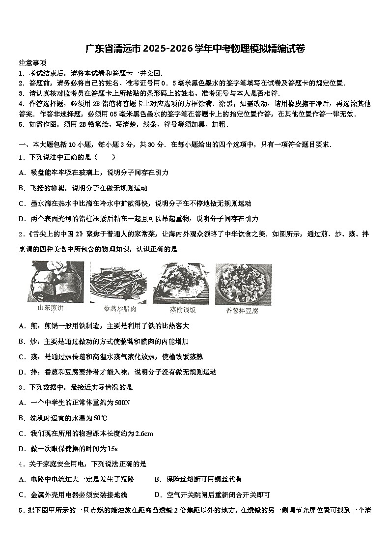 广东省清远市2025-2026学年中考物理模拟精编试卷（含答案解析）第1页