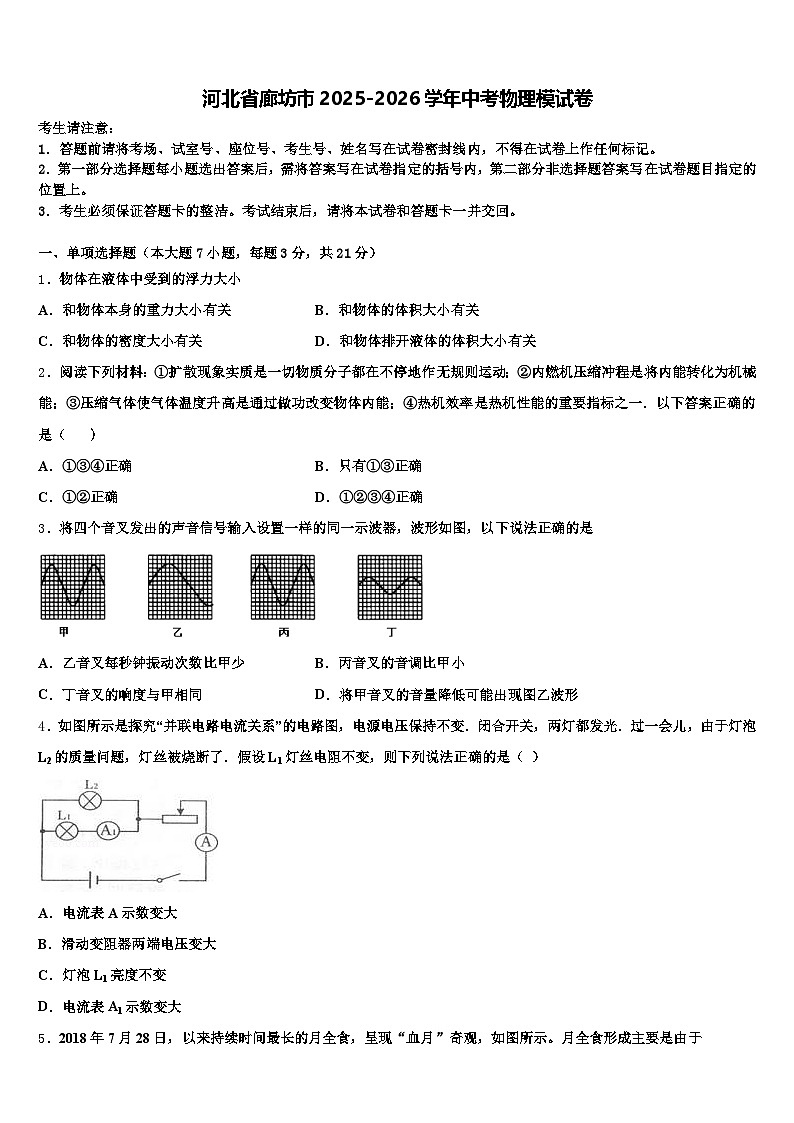 河北省廊坊市2025-2026学年中考物理模试卷（含答案解析）第1页