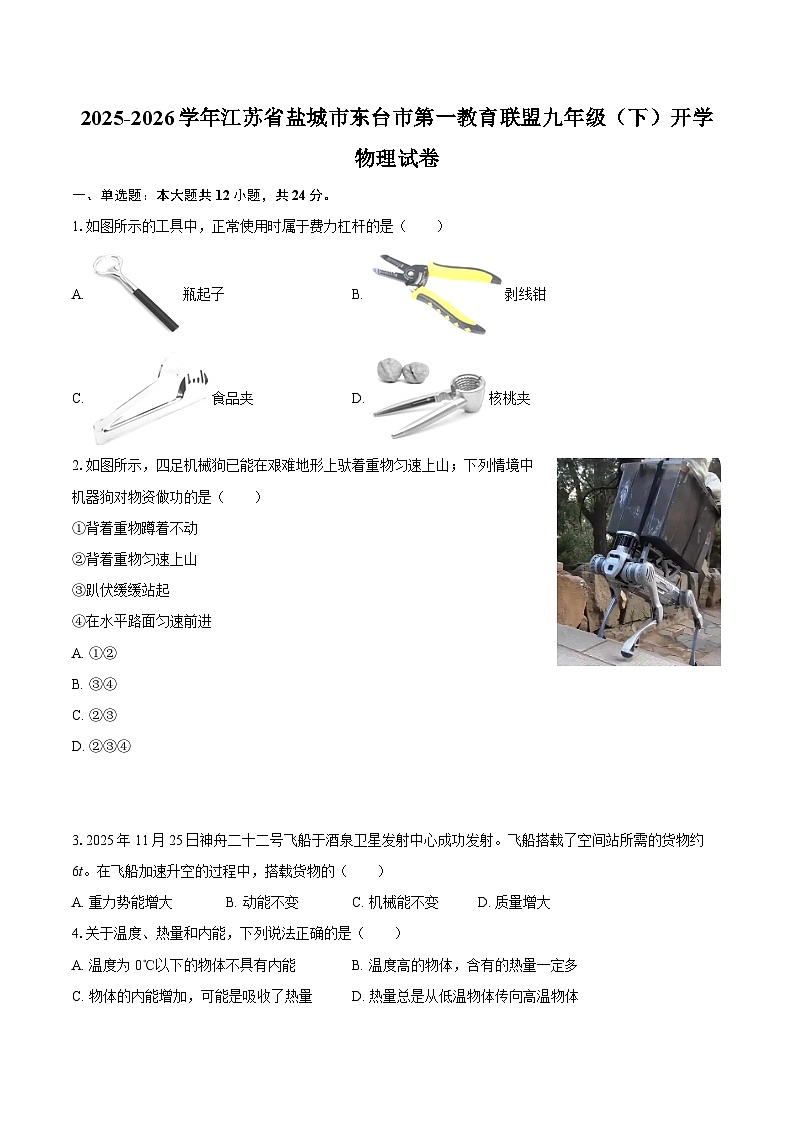2025-2026学年江苏省盐城市东台市第一教育联盟九年级（下）开学物理试卷-自定义类型第1页