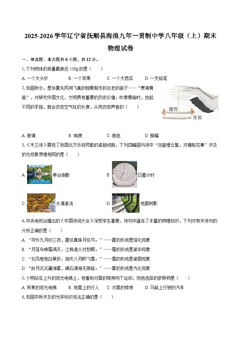 2025-2026学年辽宁省抚顺县海浪九年一贯制中学八年级（上）期末物理试卷-自定义类型第1页