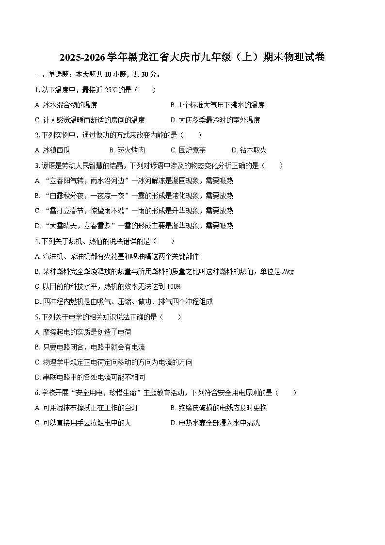 2025-2026学年黑龙江省大庆市九年级（上）期末物理试卷-自定义类型第1页