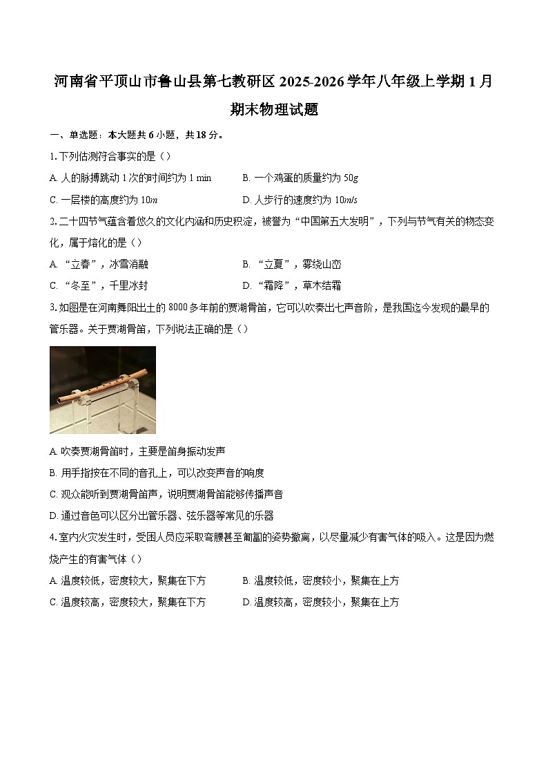 河南省平顶山市鲁山县第七教研区2025-2026学年八年级上学期1月期末物理试题-自定义类型第1页