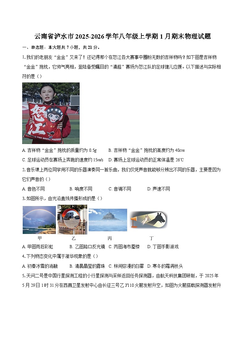 云南省泸水市2025-2026学年八年级上学期1月期末物理试题-自定义类型第1页
