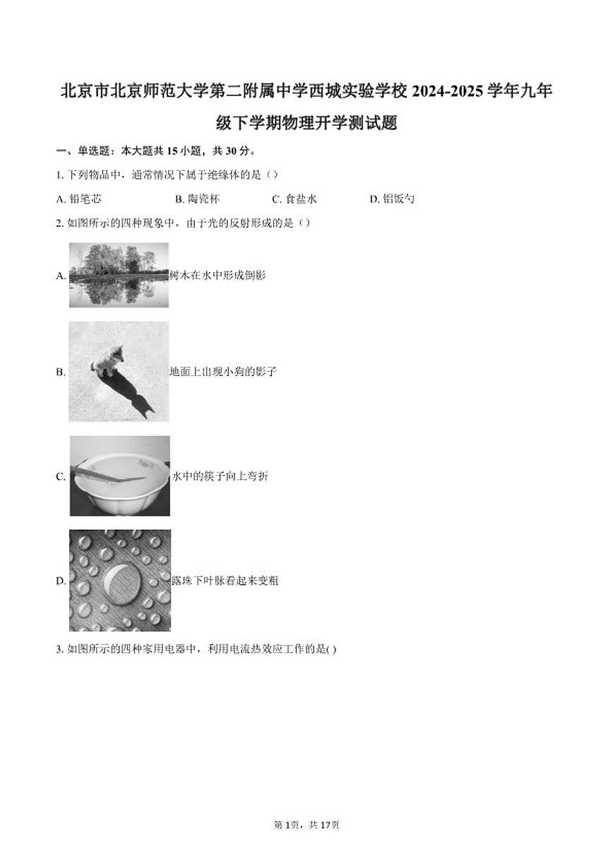 2024-2025学年北京市北京师范大学第二附属中学西城实验学校九年级下学期物理开学测试题（含答案）第1页