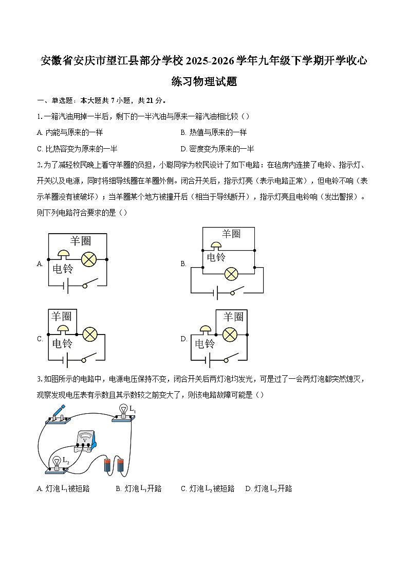 安徽省安庆市望江县部分学校2025-2026学年九年级下学期开学收心练习物理试题-自定义类型第1页