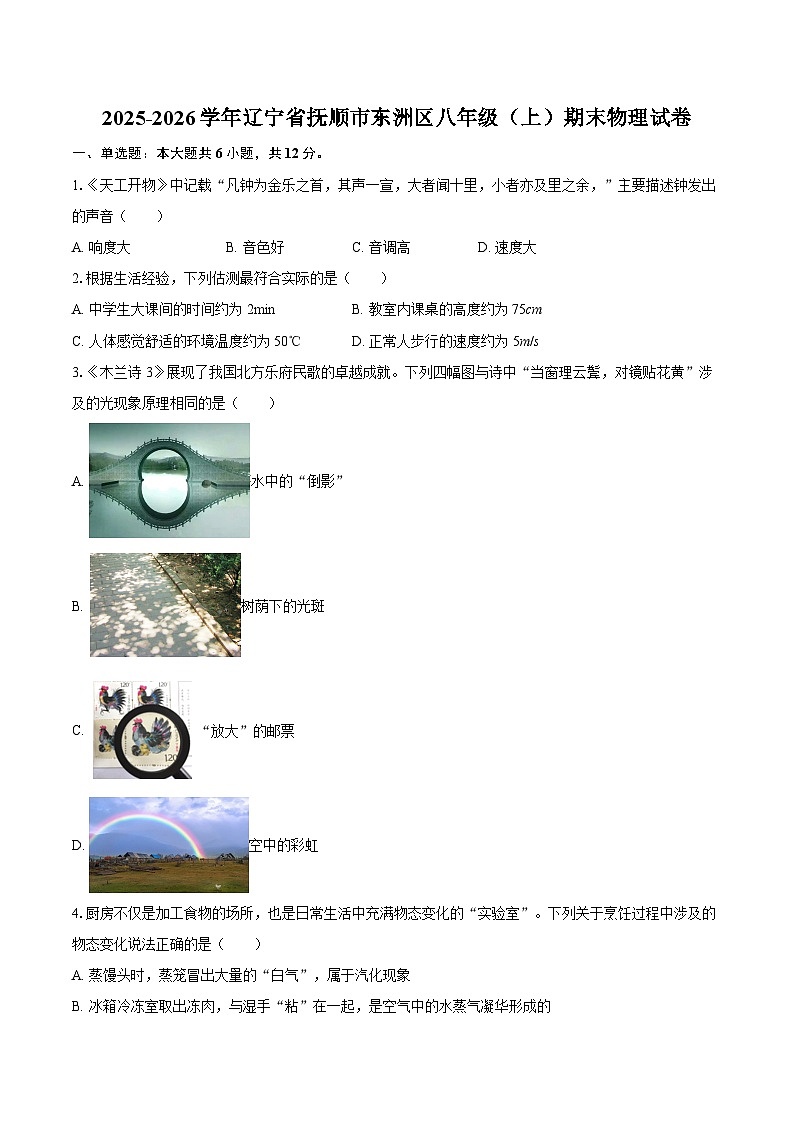 2025-2026学年辽宁省抚顺市东洲区八年级（上）期末物理试卷-自定义类型第1页