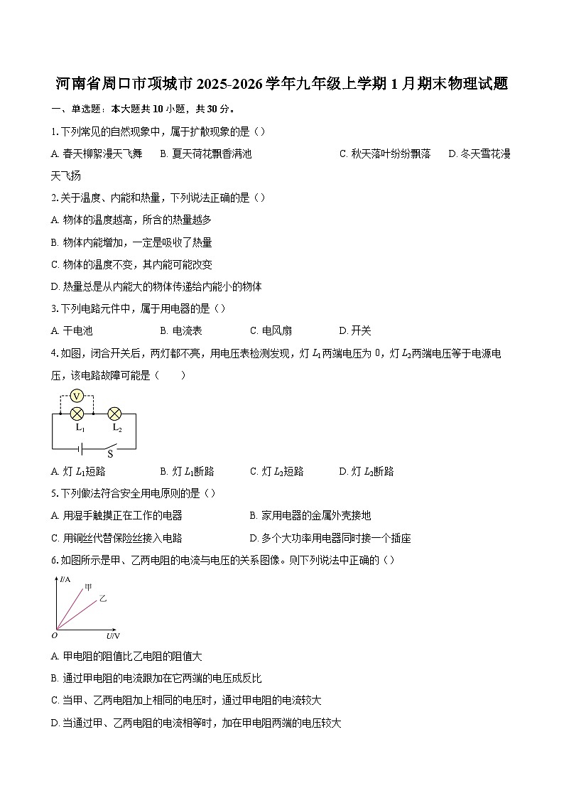 河南省周口市项城市2025-2026学年九年级上学期1月期末物理试题-自定义类型第1页