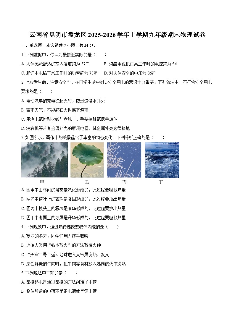 云南省昆明市盘龙区2025-2026学年上学期九年级期末物理试卷-自定义类型第1页