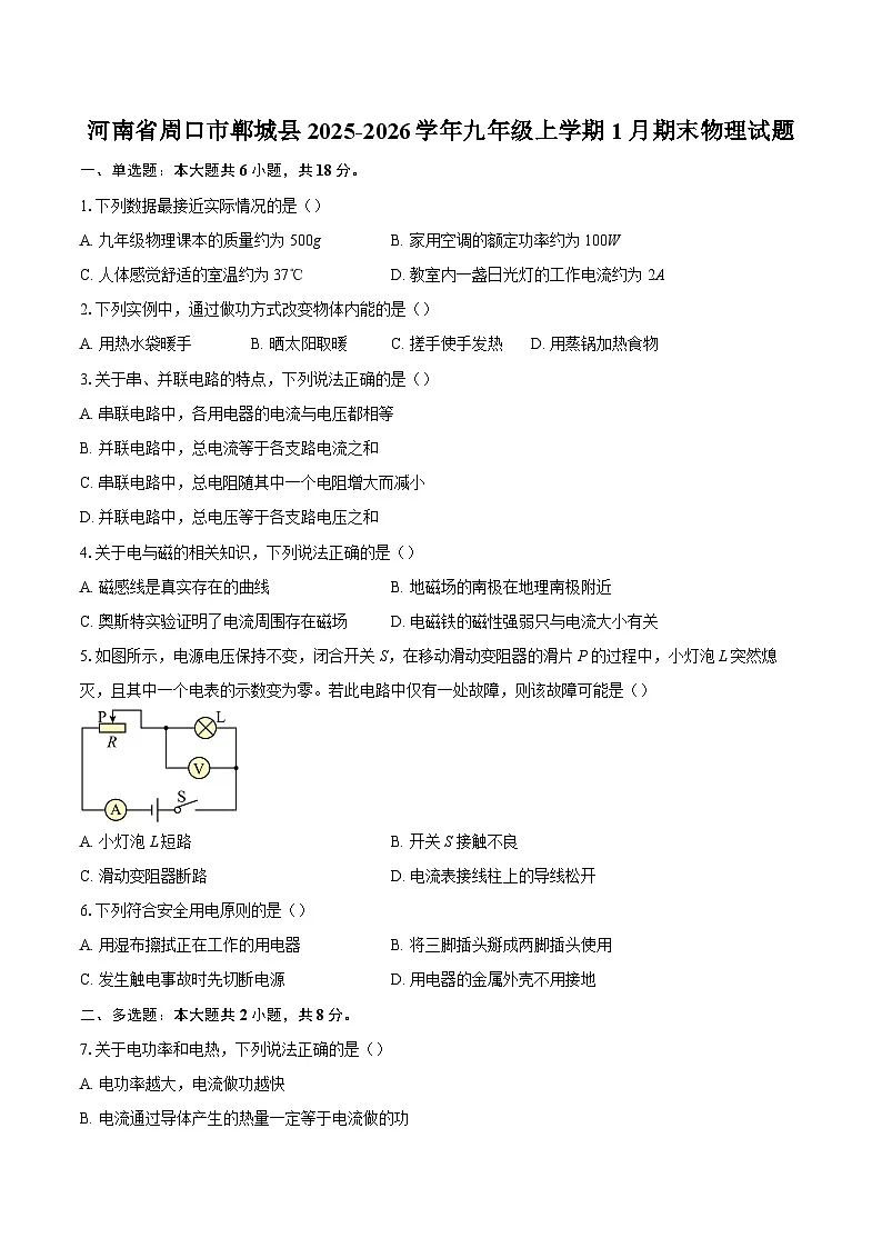 河南省周口市郸城县2025-2026学年九年级上学期1月期末物理试题-自定义类型第1页