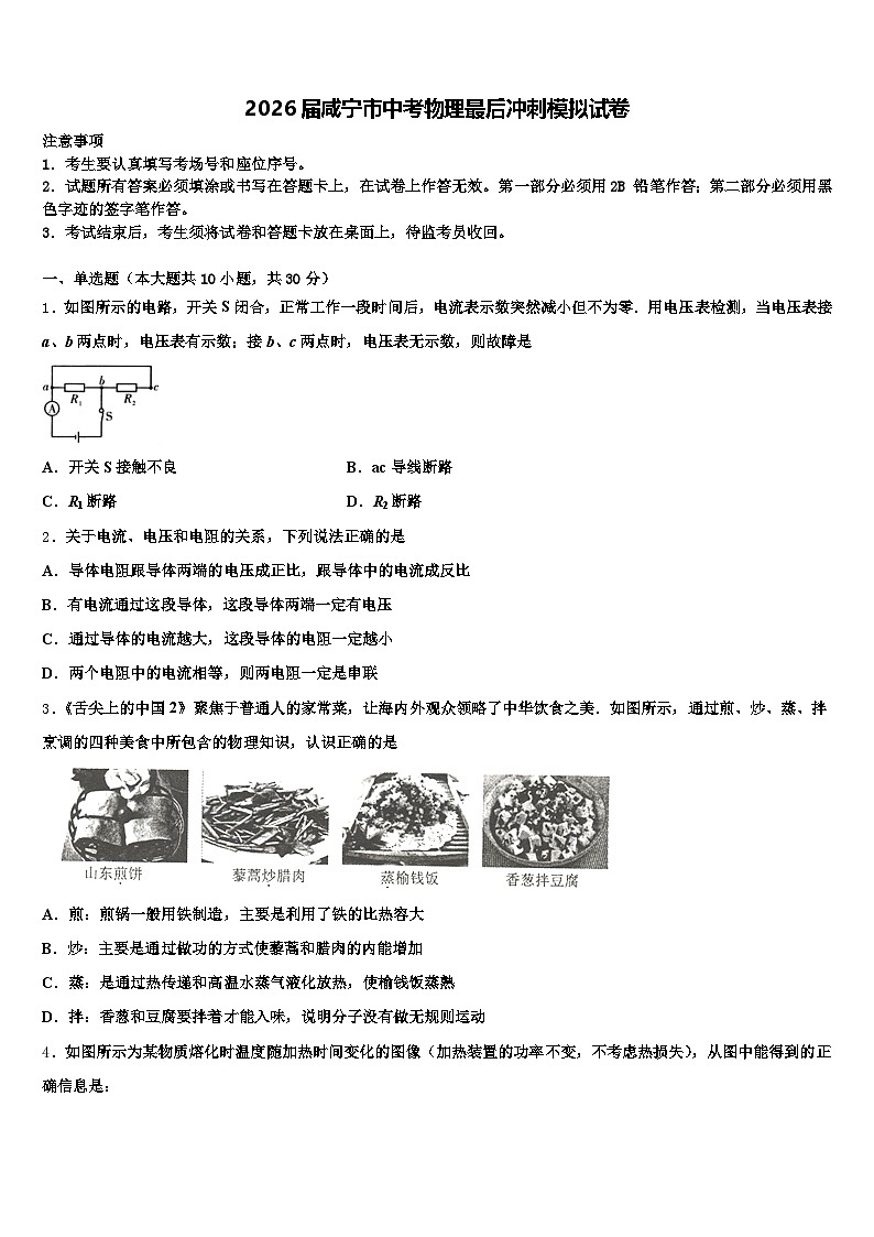 2026届咸宁市中考物理最后冲刺模拟试卷（含答案解析）第1页