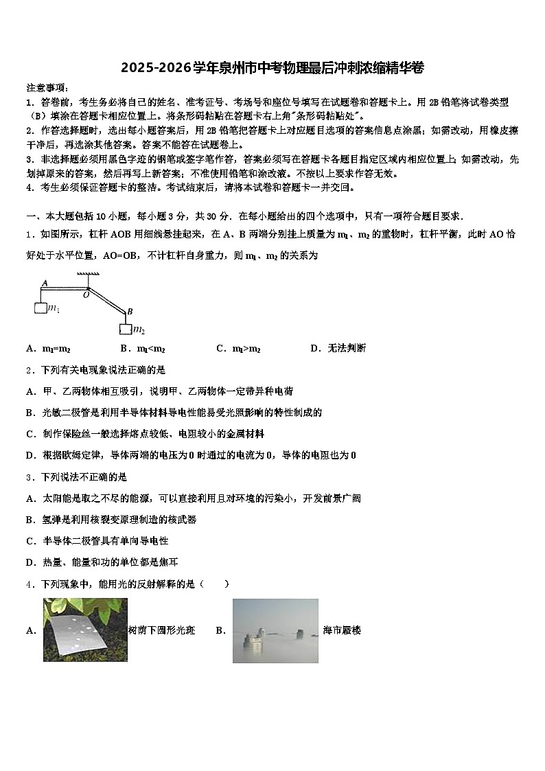 2025-2026学年泉州市中考物理最后冲刺浓缩精华卷（含答案解析）第1页