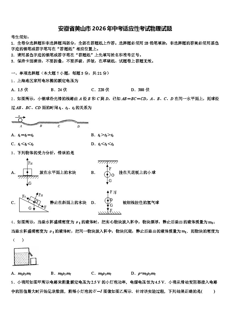 安徽省黄山市2026年中考适应性考试物理试题（含答案解析）第1页