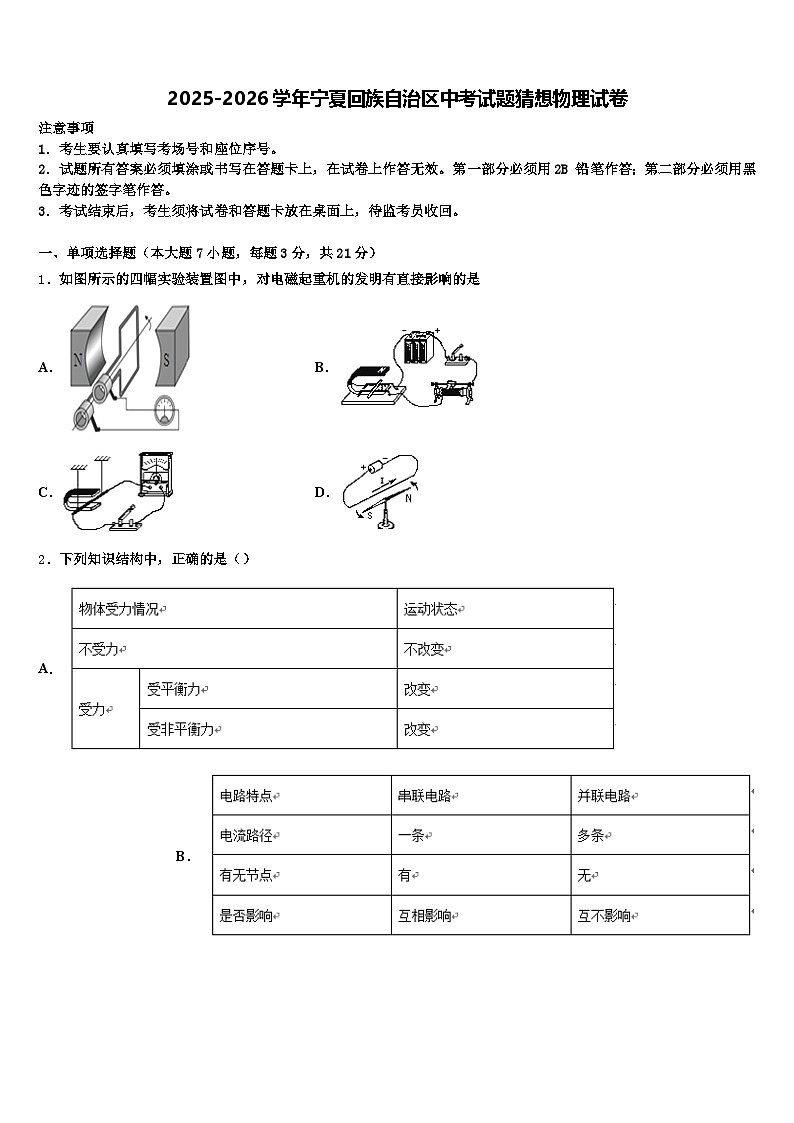 2025-2026学年宁夏回族自治区中考试题猜想物理试卷（含答案解析）第1页