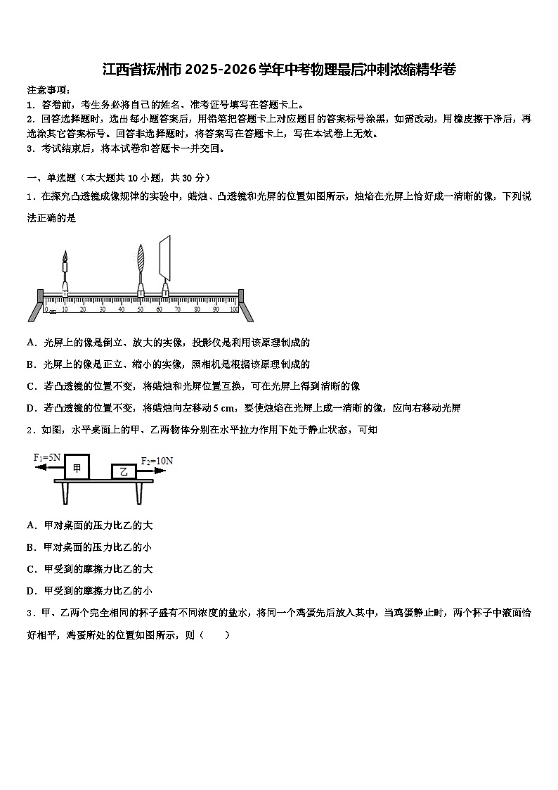 江西省抚州市2025-2026学年中考物理最后冲刺浓缩精华卷（含答案解析）第1页