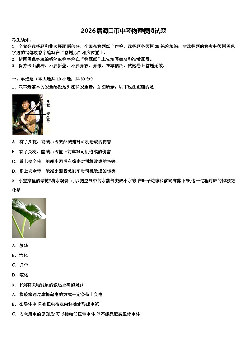 2026届海口市中考物理模拟试题（含答案解析）第1页
