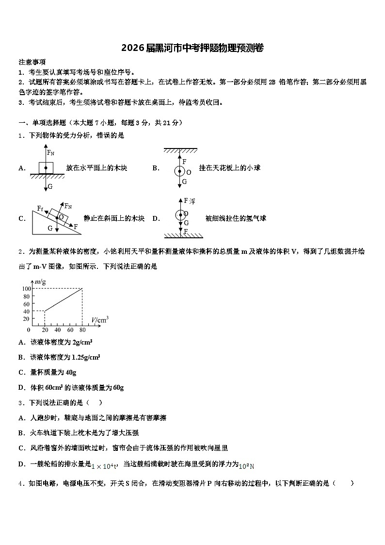 2026届黑河市中考押题物理预测卷（含答案解析）第1页