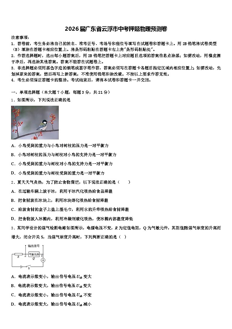 2026届广东省云浮市中考押题物理预测卷（含答案解析）第1页