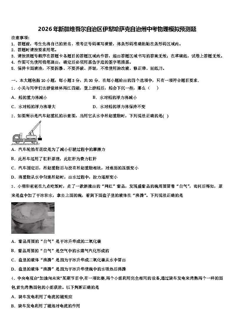 2026年新疆维吾尔自治区伊犁哈萨克自治州中考物理模拟预测题（含答案解析）第1页