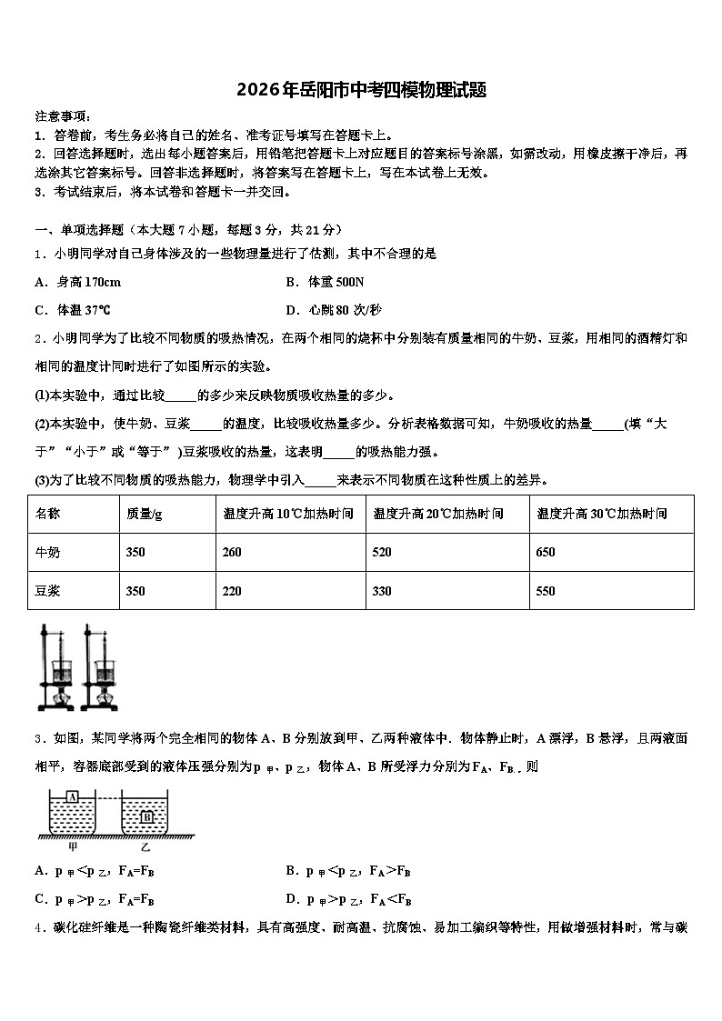2026年岳阳市中考四模物理试题（含答案解析）第1页