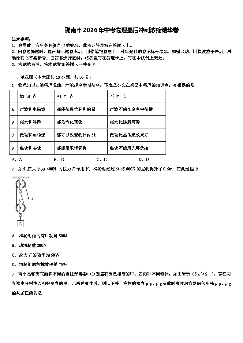 陇南市2026年中考物理最后冲刺浓缩精华卷（含答案解析）第1页