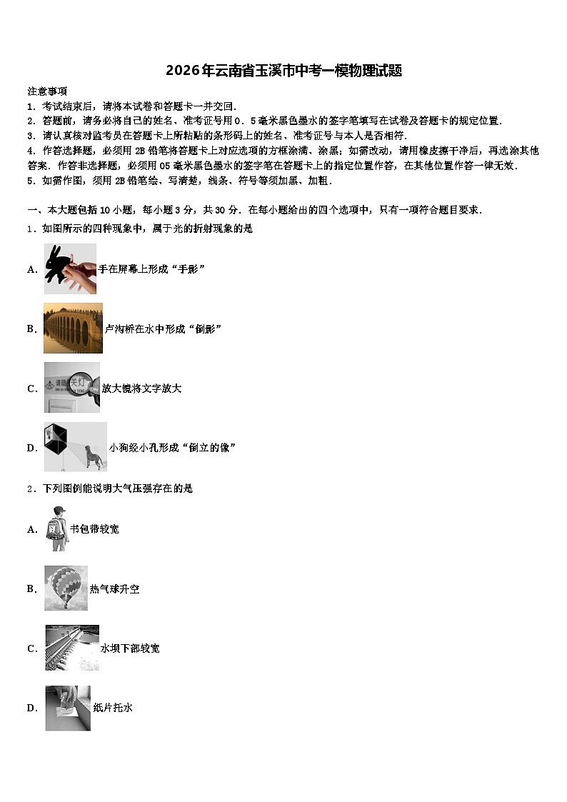 2026年云南省玉溪市中考一模物理试题（含答案解析）第1页