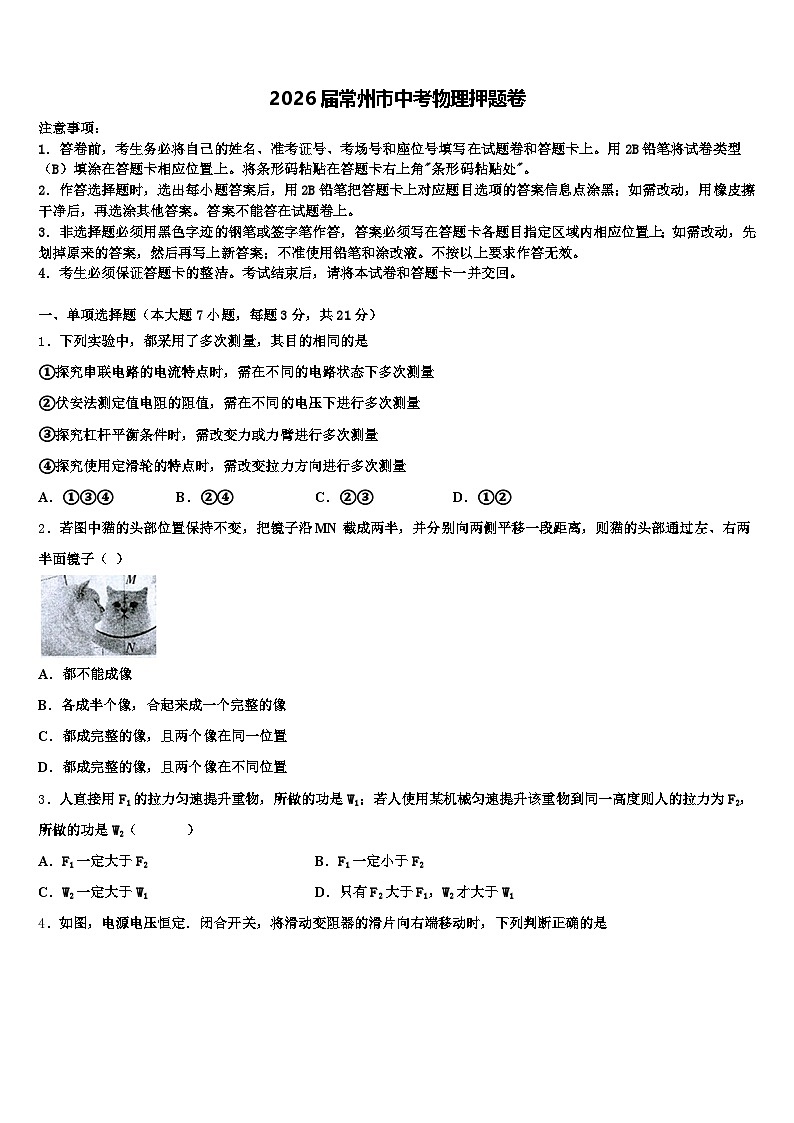 2026届常州市中考物理押题卷（含答案解析）第1页