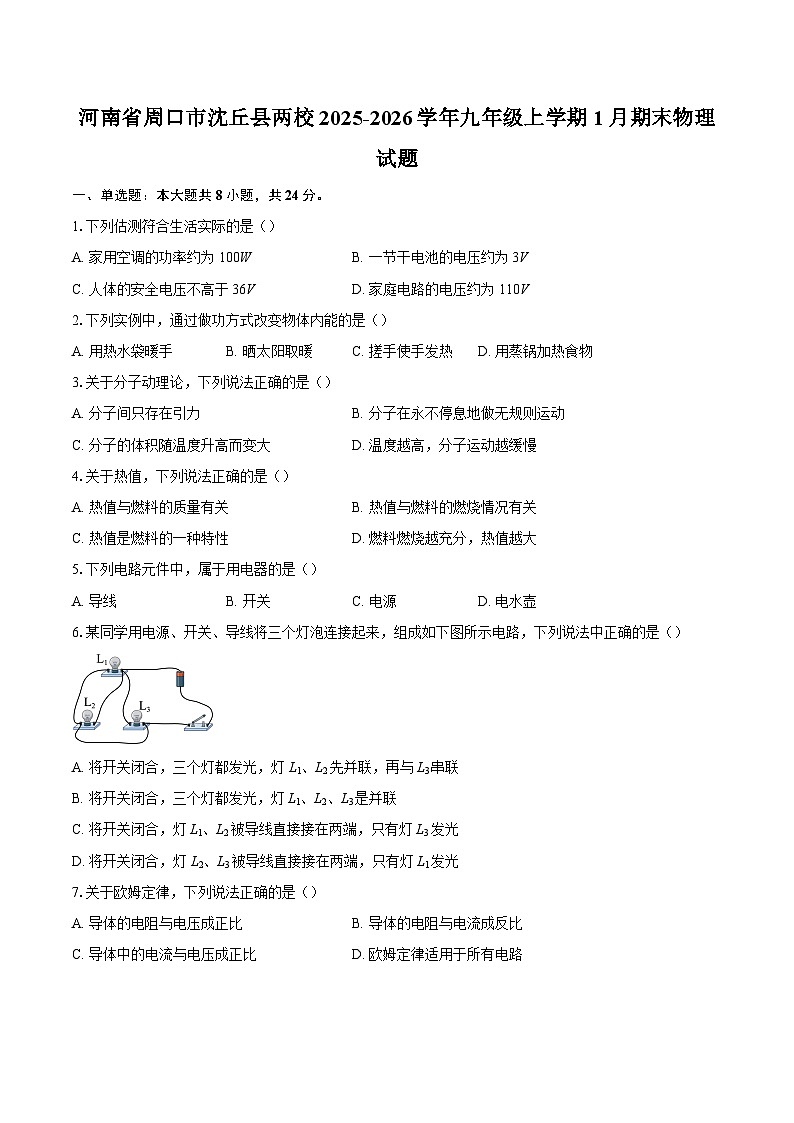 河南省周口市沈丘县两校2025-2026学年九年级上学期1月期末物理试题-自定义类型第1页