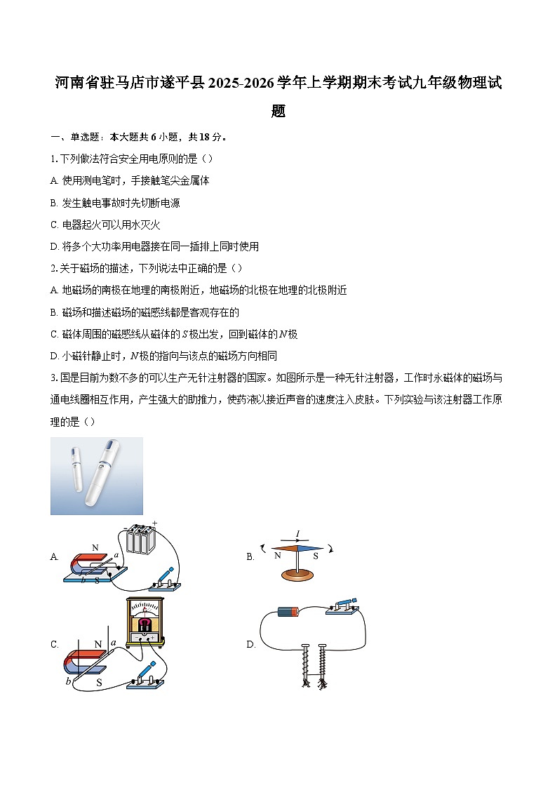 河南省驻马店市遂平县2025-2026学年上学期期末考试九年级物理试题-自定义类型第1页