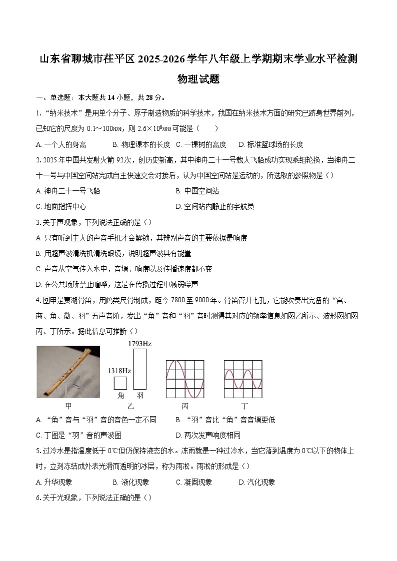 山东省聊城市茌平区2025-2026学年八年级上学期期末学业水平检测物理试题-自定义类型第1页