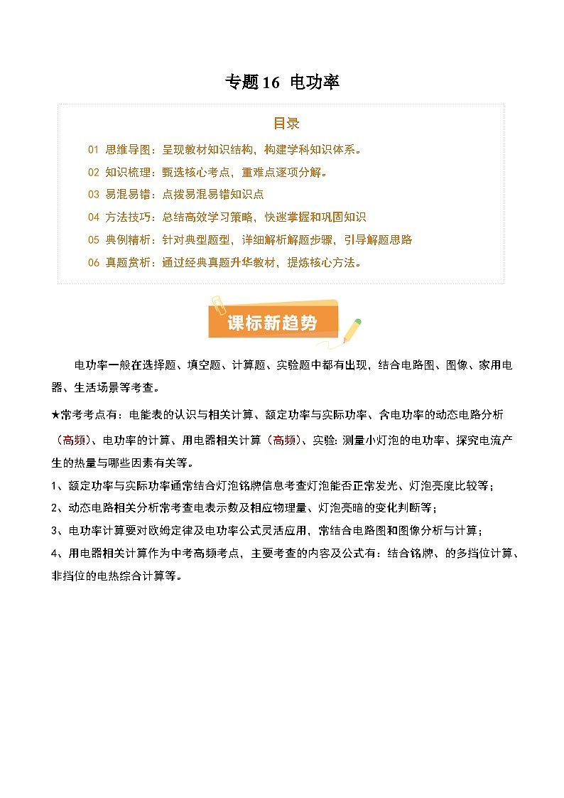 专题16 电功率（4大模块知识清单+5个易混易错+6种方法技巧+典例真题精析）（解析版）第1页