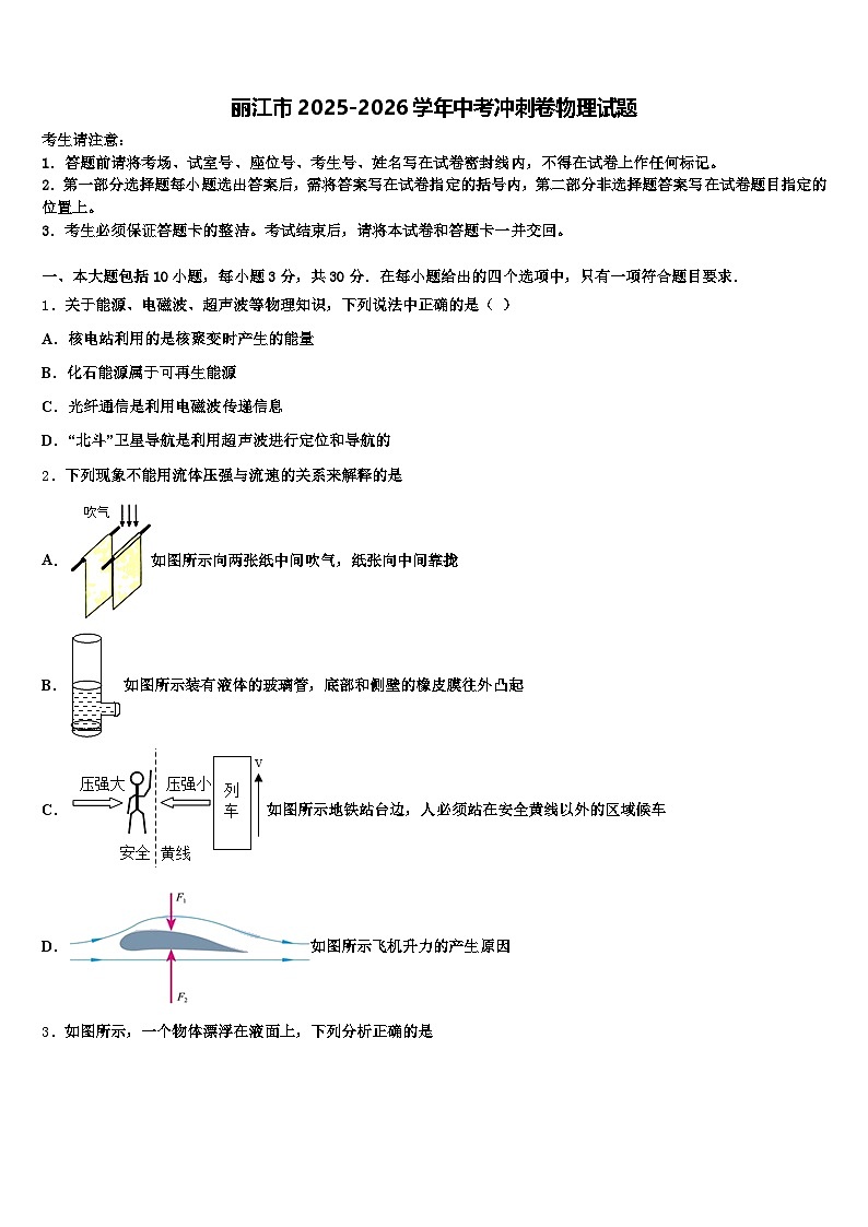 丽江市2025-2026学年中考冲刺卷物理试题（含答案解析）第1页