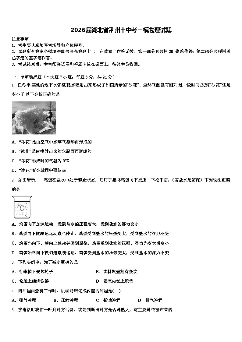 2026届湖北省荆州市中考三模物理试题（含答案解析）第1页