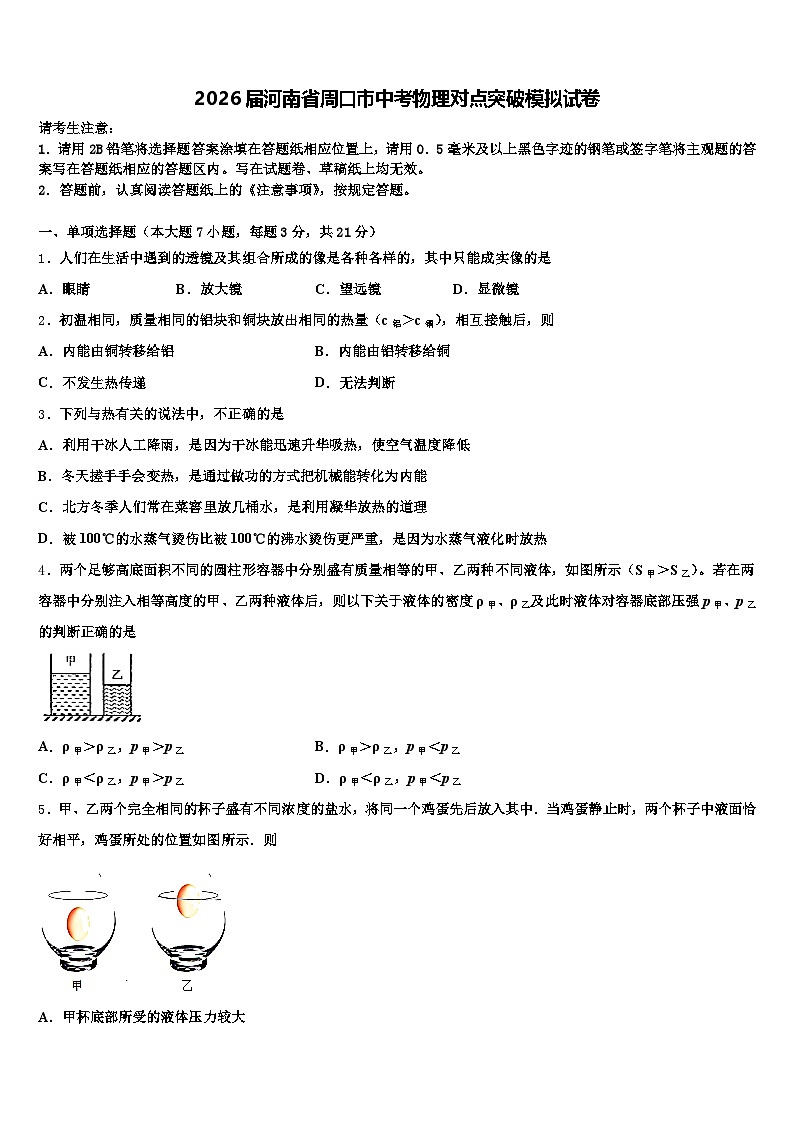 2026届河南省周口市中考物理对点突破模拟试卷（含答案解析）第1页
