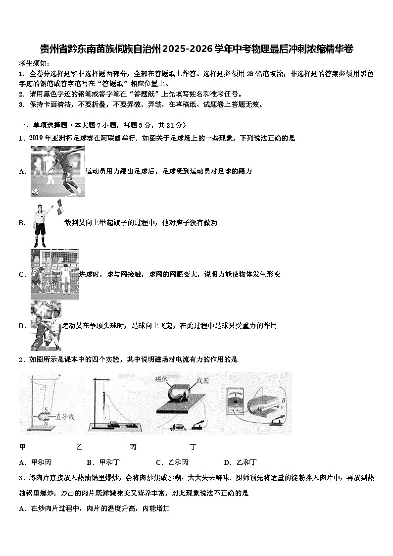 贵州省黔东南苗族侗族自治州2025-2026学年中考物理最后冲刺浓缩精华卷（含答案解析）第1页