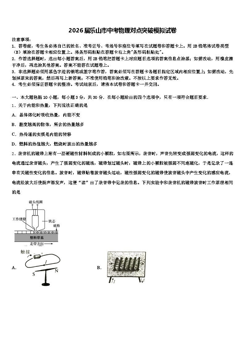 2026届乐山市中考物理对点突破模拟试卷（含答案解析）第1页