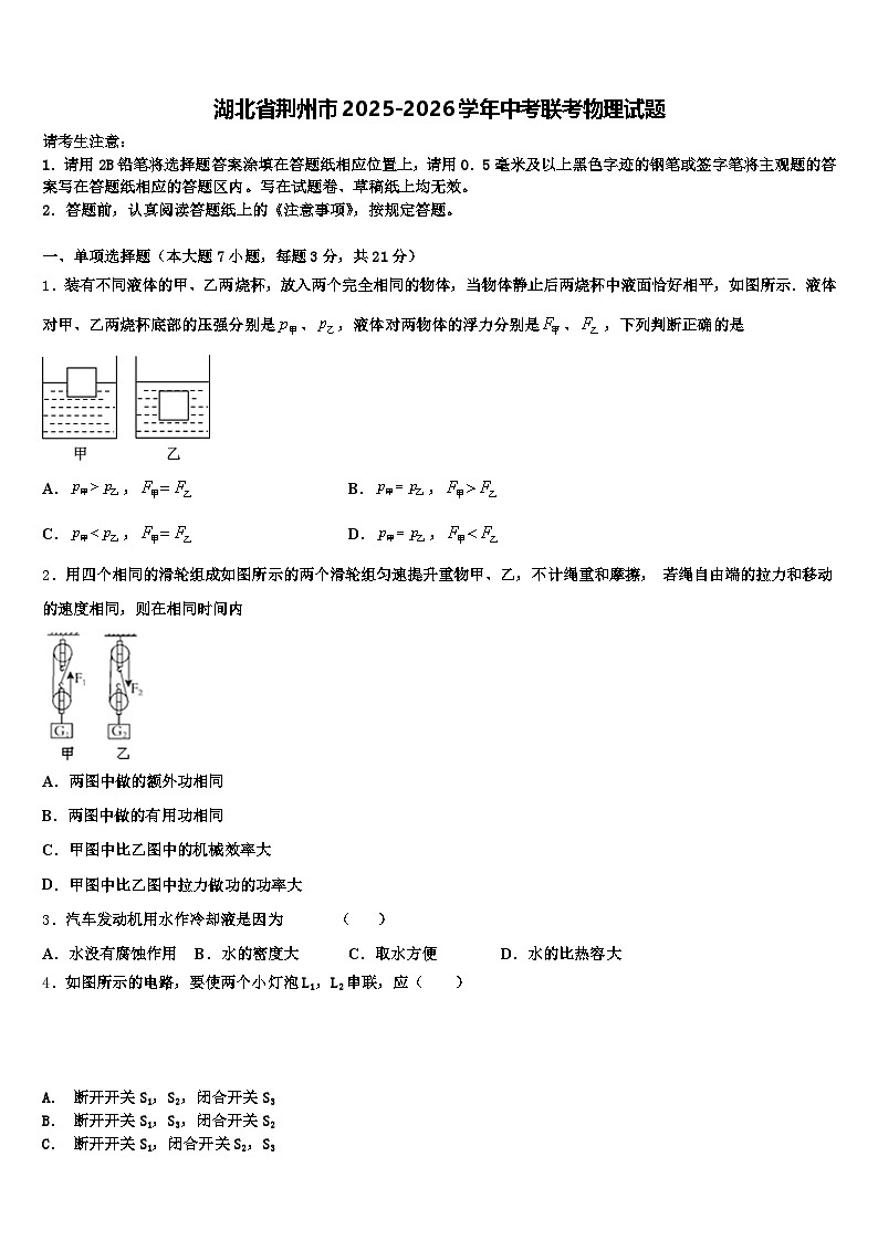 湖北省荆州市2025-2026学年中考联考物理试题（含答案解析）第1页