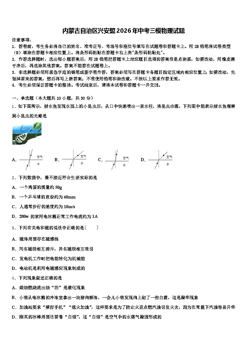 内蒙古自治区兴安盟2026年中考三模物理试题（含答案解析）第1页